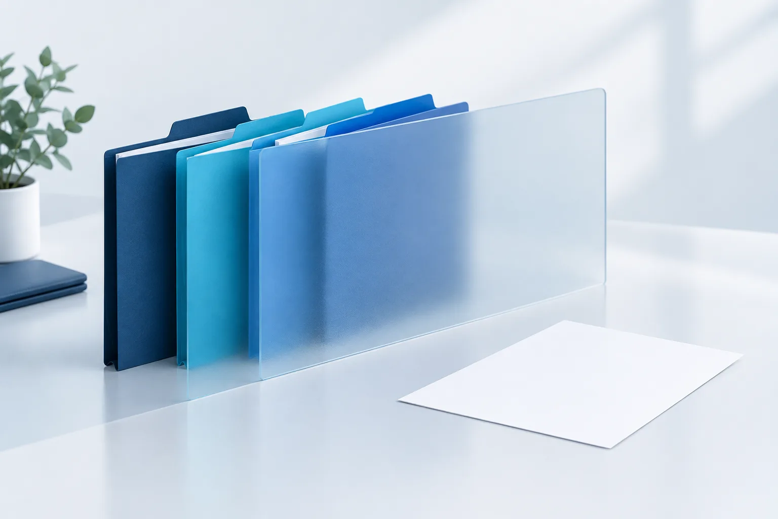 Plain document folders arranged behind a translucent privacy screen.