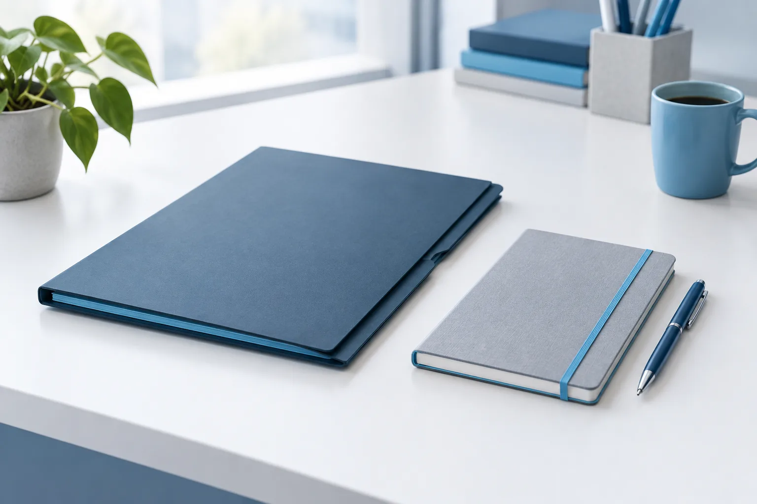 A closed folder, notebook, and pen on a clean office desk.